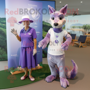 Lavender Dingo mascot costume character dressed with a Shift Dress and Earrings