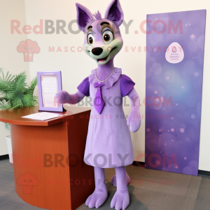 Lavender Dingo mascot costume character dressed with a Shift Dress and Earrings