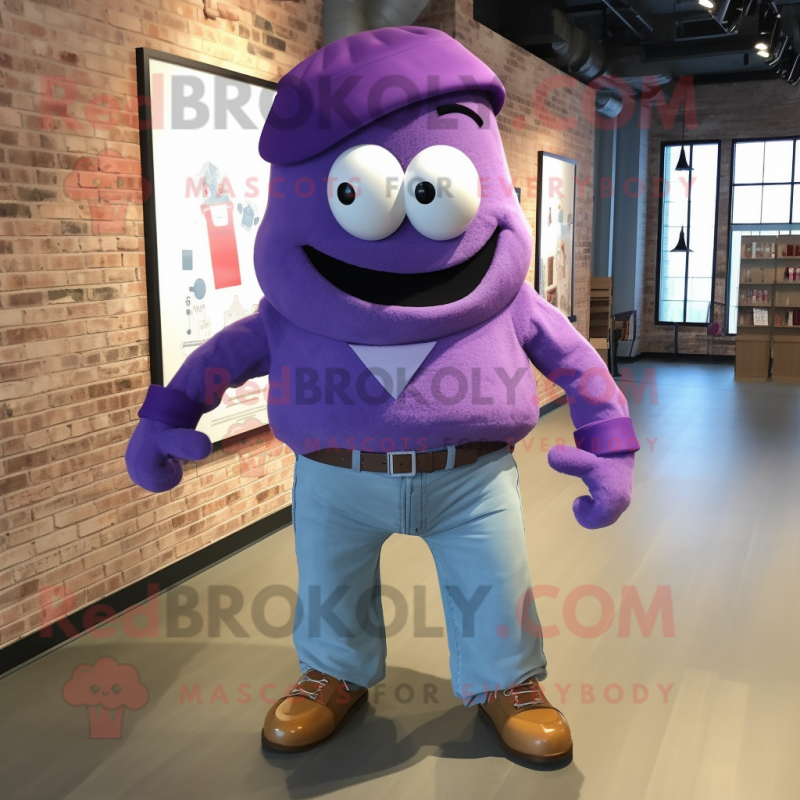 Purple Grenade mascot costume character dressed with a Boyfriend Jeans and Bow ties