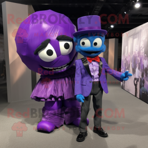 Purple Grenade mascot costume character dressed with a Boyfriend Jeans and Bow ties