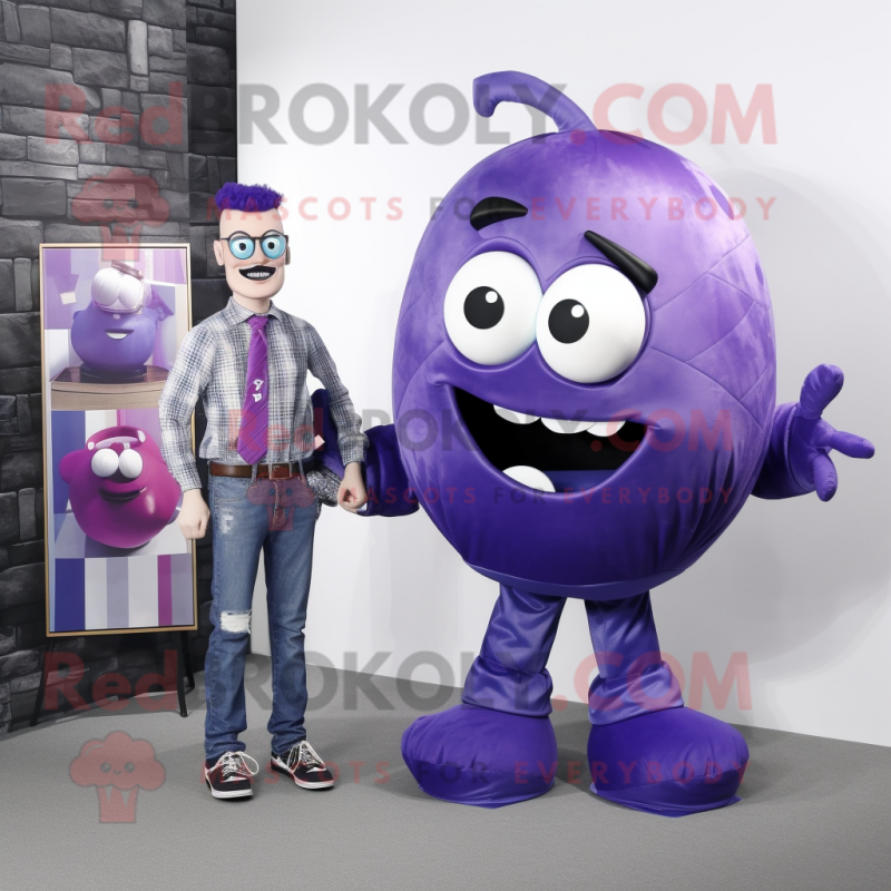 Purple Grenade mascot costume character dressed with a Boyfriend Jeans and Bow ties Purple Grenade mascot costume character dressed with a Boyfriend Jeans and Bow ties