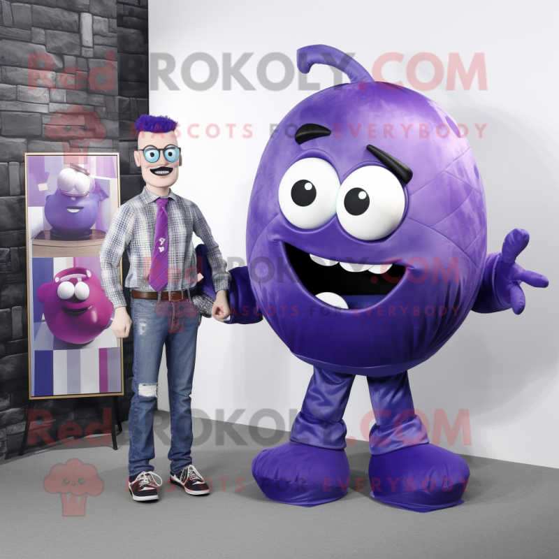 Purple Grenade mascot costume character dressed with a Boyfriend Jeans and Bow ties