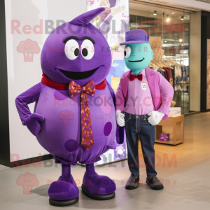 Purple Grenade mascot costume character dressed with a Boyfriend Jeans and Bow ties