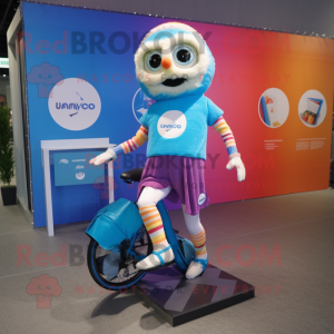 nan Unicyclist mascot costume character dressed with a Wrap Skirt and Messenger bags