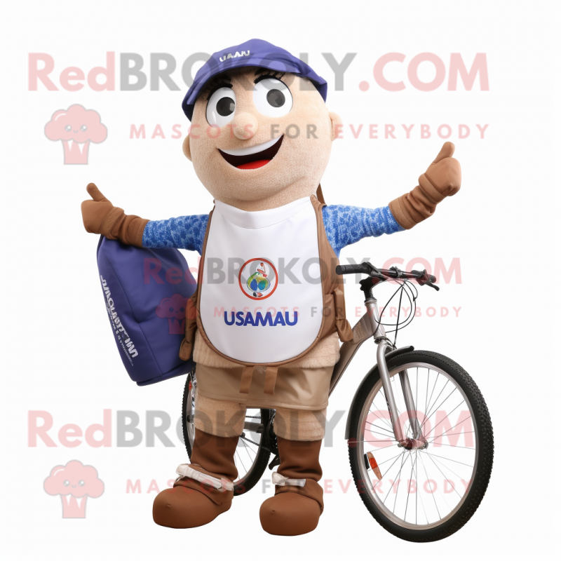 nan Unicyclist mascot costume character dressed with a Wrap Skirt and Messenger bags