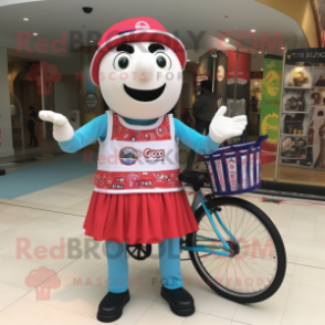 nan Unicyclist mascot costume character dressed with a Wrap Skirt and Messenger bags