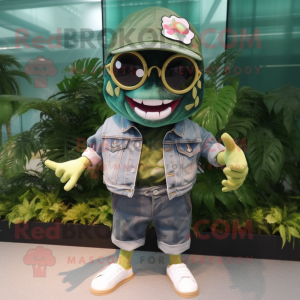 Forest Green Piranha mascot costume character dressed with a Denim Shorts and Sunglasses