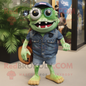 Forest Green Piranha mascot costume character dressed with a Denim Shorts and Sunglasses