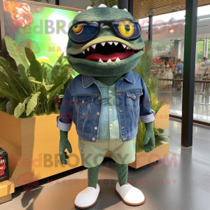 Forest Green Piranha mascot costume character dressed with a Denim Shorts and Sunglasses