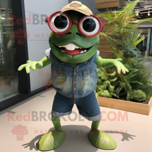 Forest Green Piranha mascot costume character dressed with a Denim Shorts and Sunglasses