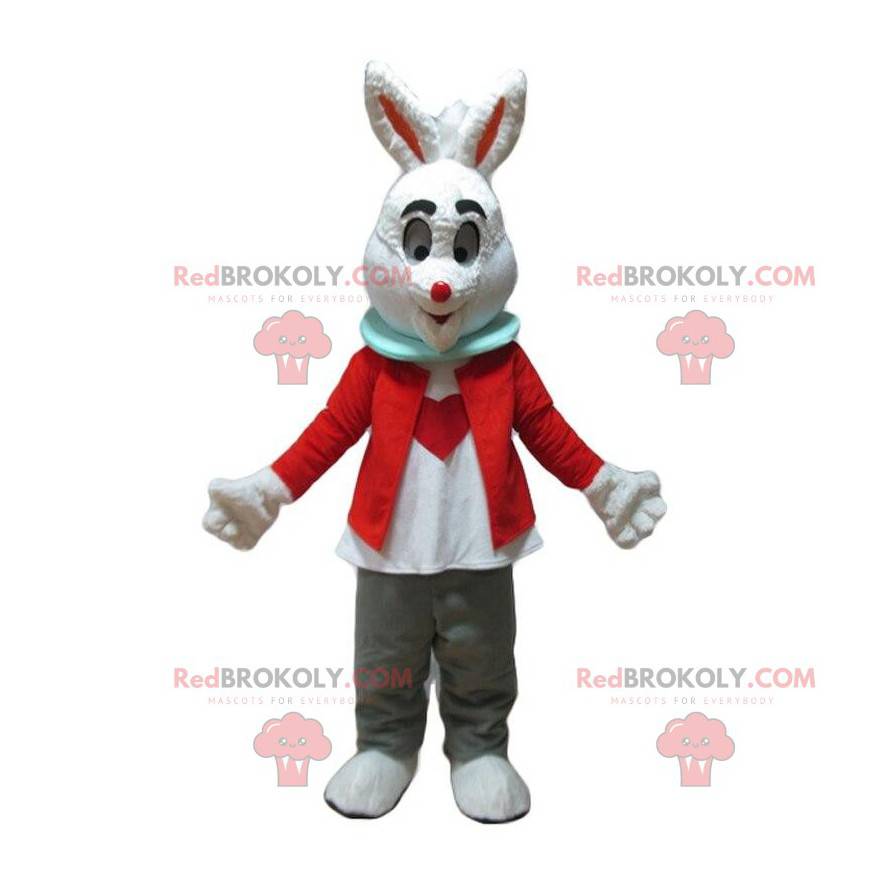 Mascote coelho branco com um coração na barriga - Redbrokoly.com