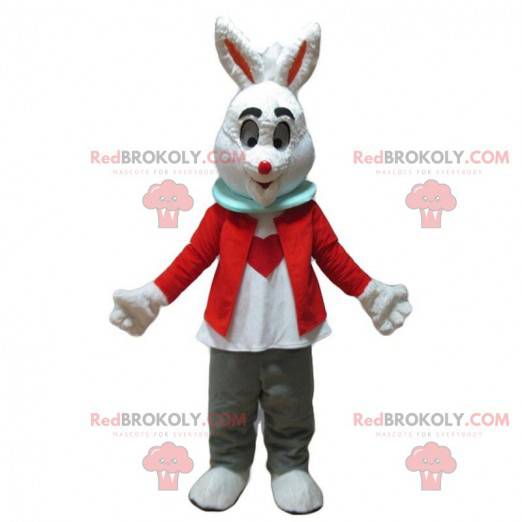 Mascote coelho branco com um coração na barriga - Redbrokoly.com