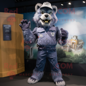 Navy Werewolf mascot costume character dressed with a Denim Shirt and Caps
