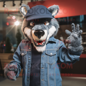 Navy Werewolf mascot costume character dressed with a Denim Shirt and Caps