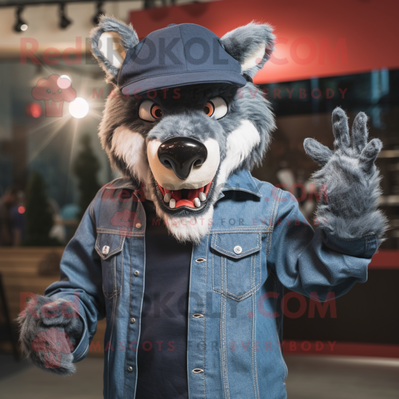 Navy Werewolf mascot costume character dressed with a Denim Shirt and Caps Navy Werewolf mascot costume character dressed with a Denim Shirt and Caps
