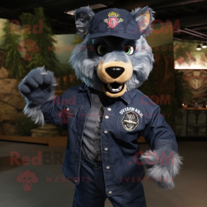 Navy Werewolf mascot costume character dressed with a Denim Shirt and Caps