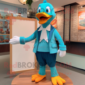 Turquoise Goose mascot costume character dressed with a Turtleneck and Bow ties