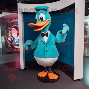 Turquoise Goose mascot costume character dressed with a Turtleneck and Bow ties