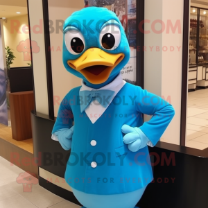 Turquoise Goose mascot costume character dressed with a Turtleneck and Bow ties