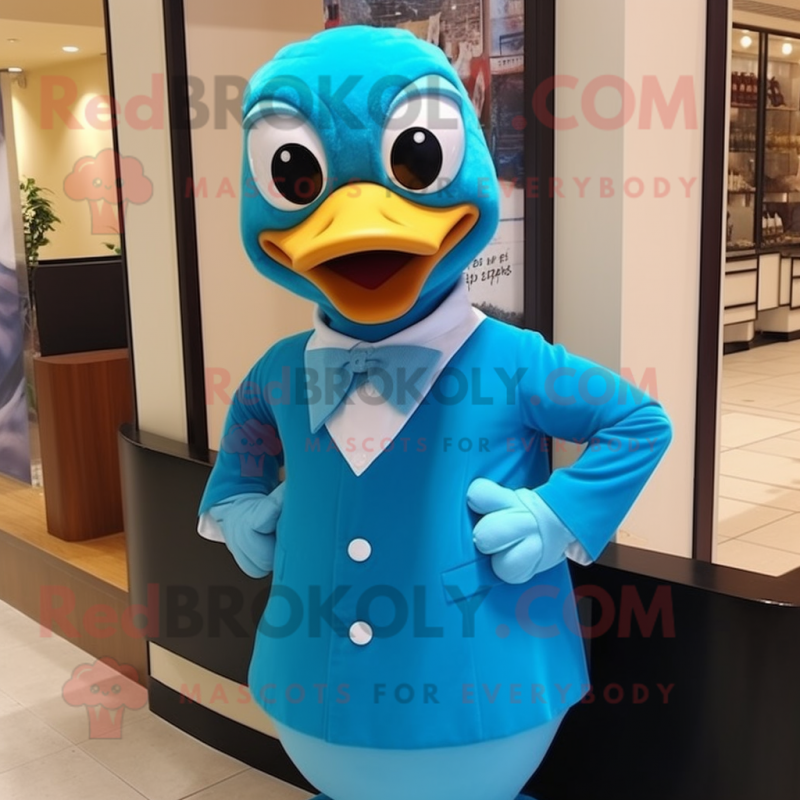 Turquoise Goose mascot costume character dressed with a Turtleneck and Bow ties Turquoise Goose mascot costume character dressed with a Turtleneck and Bow ties