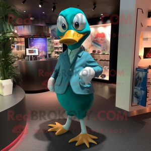 Turquoise Goose mascot costume character dressed with a Turtleneck and Bow ties