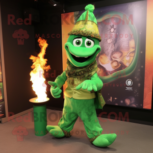 Green Fire Eater mascot costume character dressed with a Chinos and Shawl pins