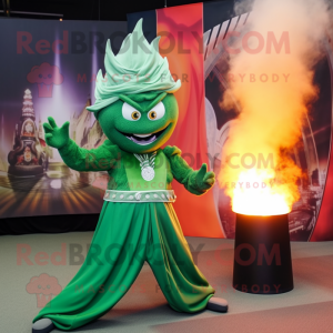 Green Fire Eater mascot costume character dressed with a Chinos and Shawl pins