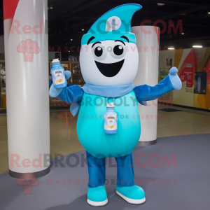 Turquoise Bottle Of Milk mascot costume character dressed with a Flare Jeans and Keychains