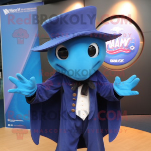 Blue Manta Ray mascot costume character dressed with a Waistcoat and Hats