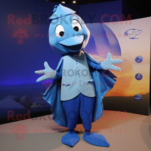 Blue Manta Ray mascot costume character dressed with a Waistcoat and Hats