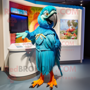 Turquoise Macaw mascot costume character dressed with a A-Line Dress and Cufflinks