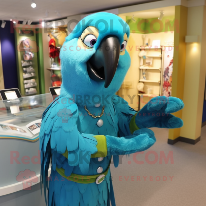 Turquoise Macaw mascot costume character dressed with a A-Line Dress and Cufflinks Turquoise Macaw mascot costume character dressed with a A-Line Dress and Cufflinks
