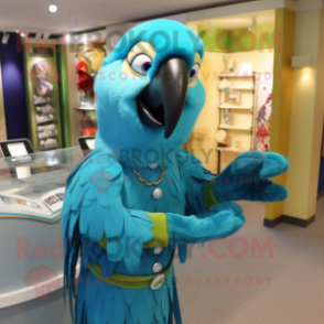 Turquoise Macaw mascot costume character dressed with a A-Line Dress and Cufflinks