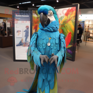 Turquoise Macaw mascot costume character dressed with a A-Line Dress and Cufflinks