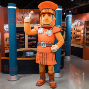 Orange Roman Soldier mascot costume character dressed with a Jeans and Hat pins