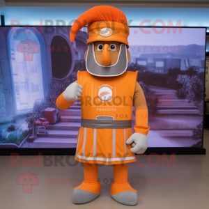 Orange Roman Soldier mascot costume character dressed with a Jeans and Hat pins