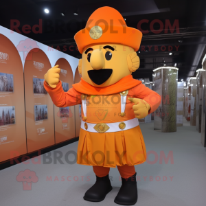 Orange Roman Soldier mascot costume character dressed with a Jeans and Hat pins