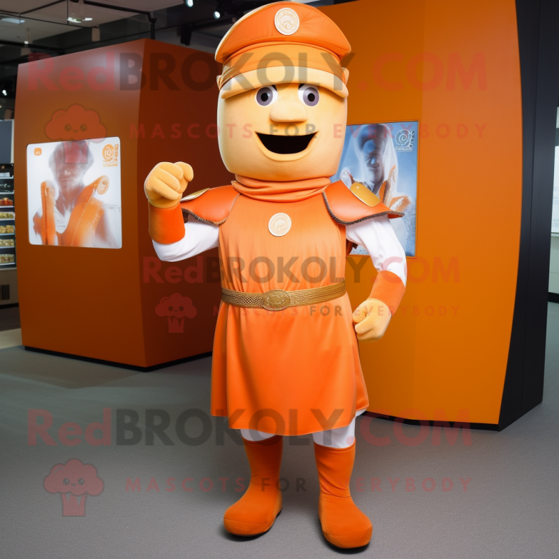 Orange Roman Soldier mascot costume character dressed with a Jeans and Hat pins