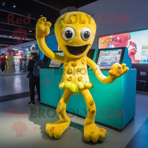 Yellow Octopus mascot costume character dressed with a Shorts and Gloves