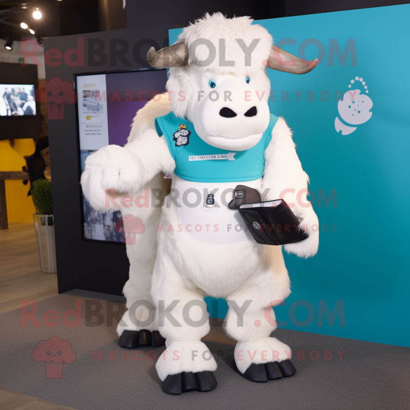 White Bison mascot costume character dressed with a Playsuit and Wallets White Bison mascot costume character dressed with a Playsuit and Wallets