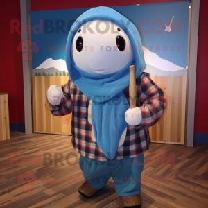 nan Narwhal mascot costume character dressed with a Flannel Shirt and Shawl pins