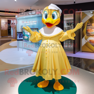 Gold Duck mascot costume character dressed with a Maxi Skirt and Wraps