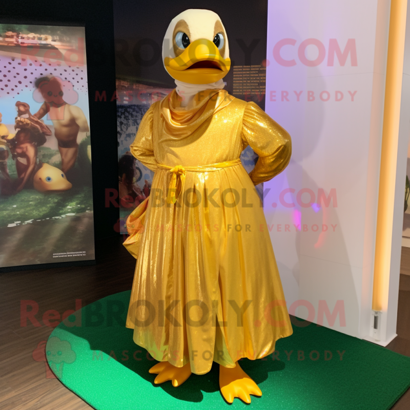 Gold Duck mascot costume character dressed with a Maxi Skirt and Wraps