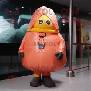 Peach Human Cannon Ball mascot costume character dressed with a Raincoat and Gloves