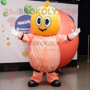 Peach Human Cannon Ball mascot costume character dressed with a Raincoat and Gloves