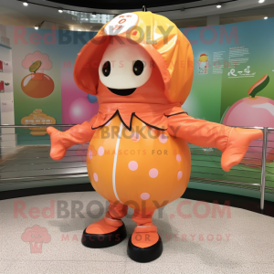 Peach Human Cannon Ball mascot costume character dressed with a Raincoat and Gloves