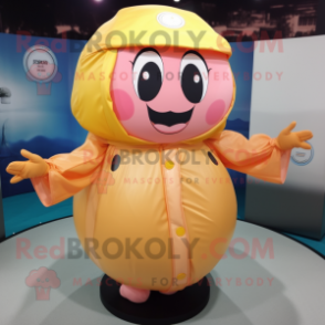 Peach Human Cannon Ball mascot costume character dressed with a Raincoat and Gloves