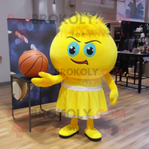Lemon Yellow Basketball Ball mascot costume character dressed with a Dress Shirt and Hair clips