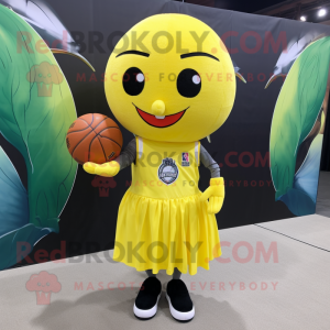 Lemon Yellow Basketball Ball mascot costume character dressed with a Dress Shirt and Hair clips