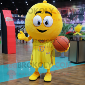 Lemon Yellow Basketball Ball mascot costume character dressed with a Dress Shirt and Hair clips